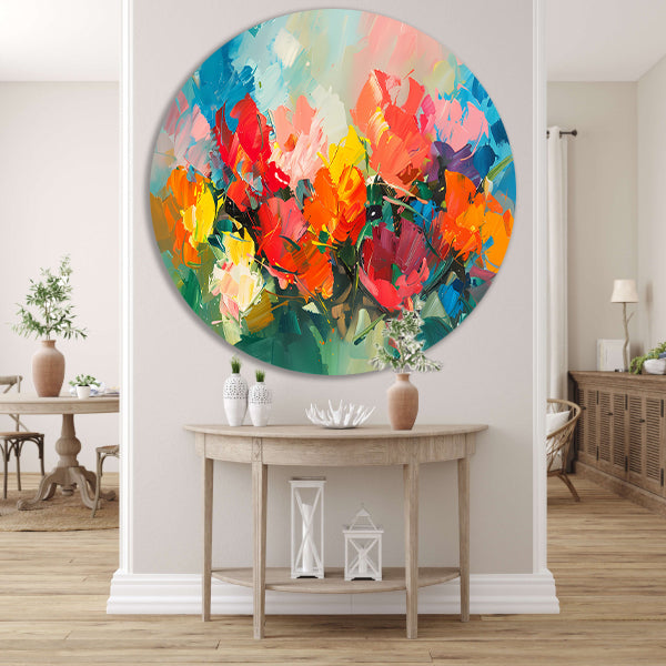 Kleurrijke abstracte bloemenpracht in expressieve stijl aluminium muurcirkel