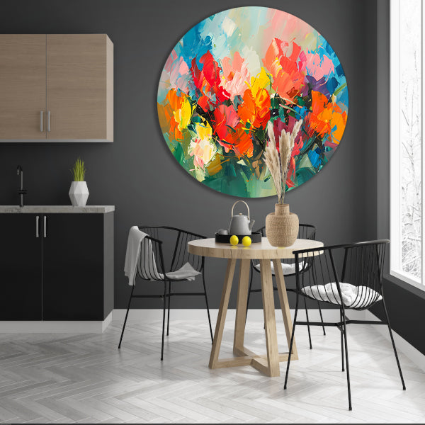 Kleurrijke abstracte bloemenpracht in expressieve stijl aluminium muurcirkel