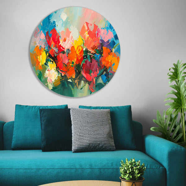 Kleurrijke abstracte bloemenpracht in expressieve stijl aluminium muurcirkel