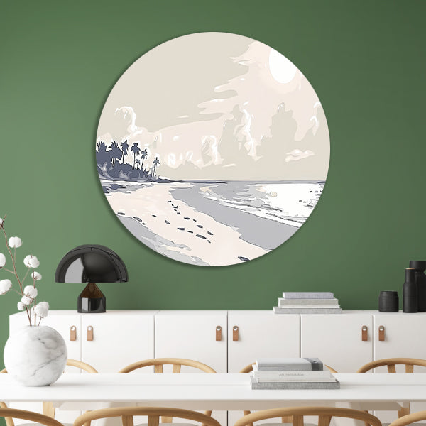 Rustgevend strandontwerp met palm silhouetten aluminium muurcirkel