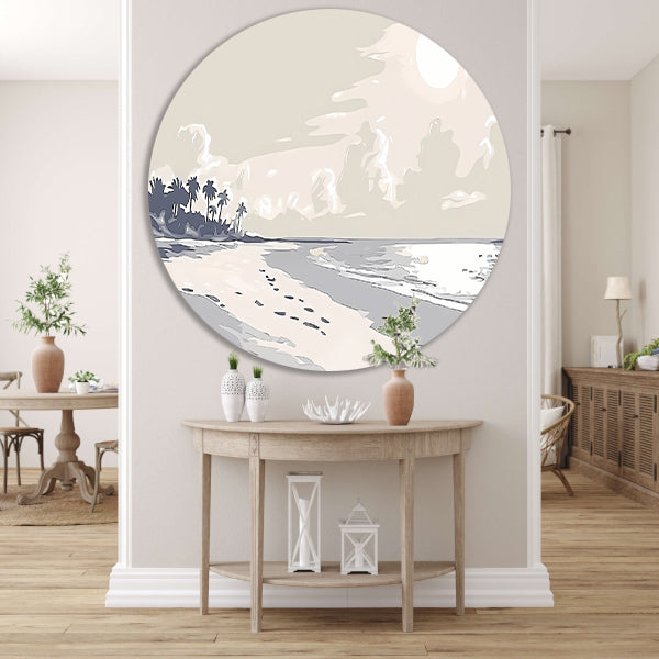 Rustgevend strandontwerp met palm silhouetten aluminium muurcirkel