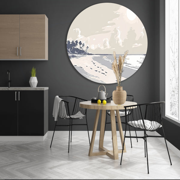 Rustgevend strandontwerp met palm silhouetten aluminium muurcirkel