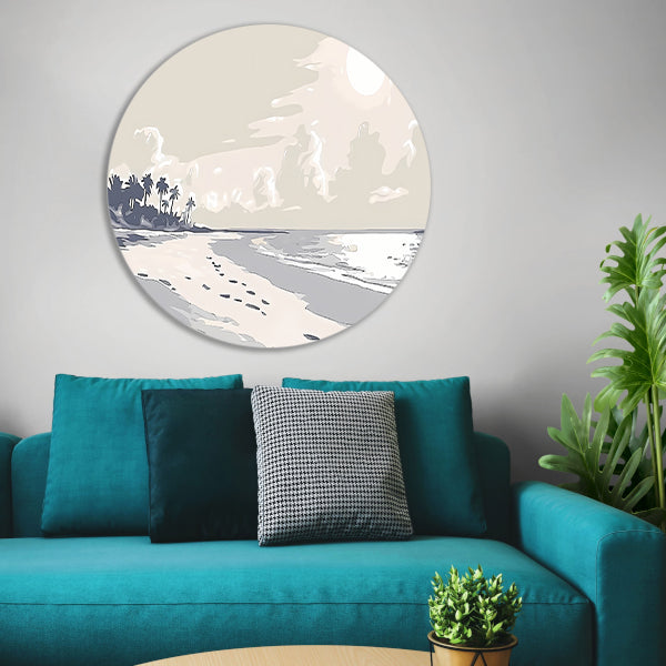 Rustgevend strandontwerp met palm silhouetten aluminium muurcirkel