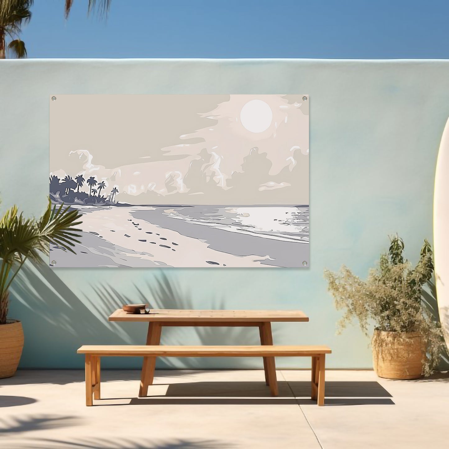Rustgevend strandontwerp met palm silhouetten tuinposter