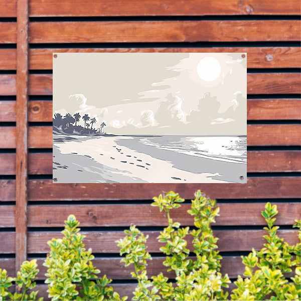 Rustgevend strandontwerp met palm silhouetten tuinposter