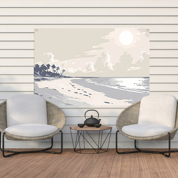 Rustgevend strandontwerp met palm silhouetten tuinposter