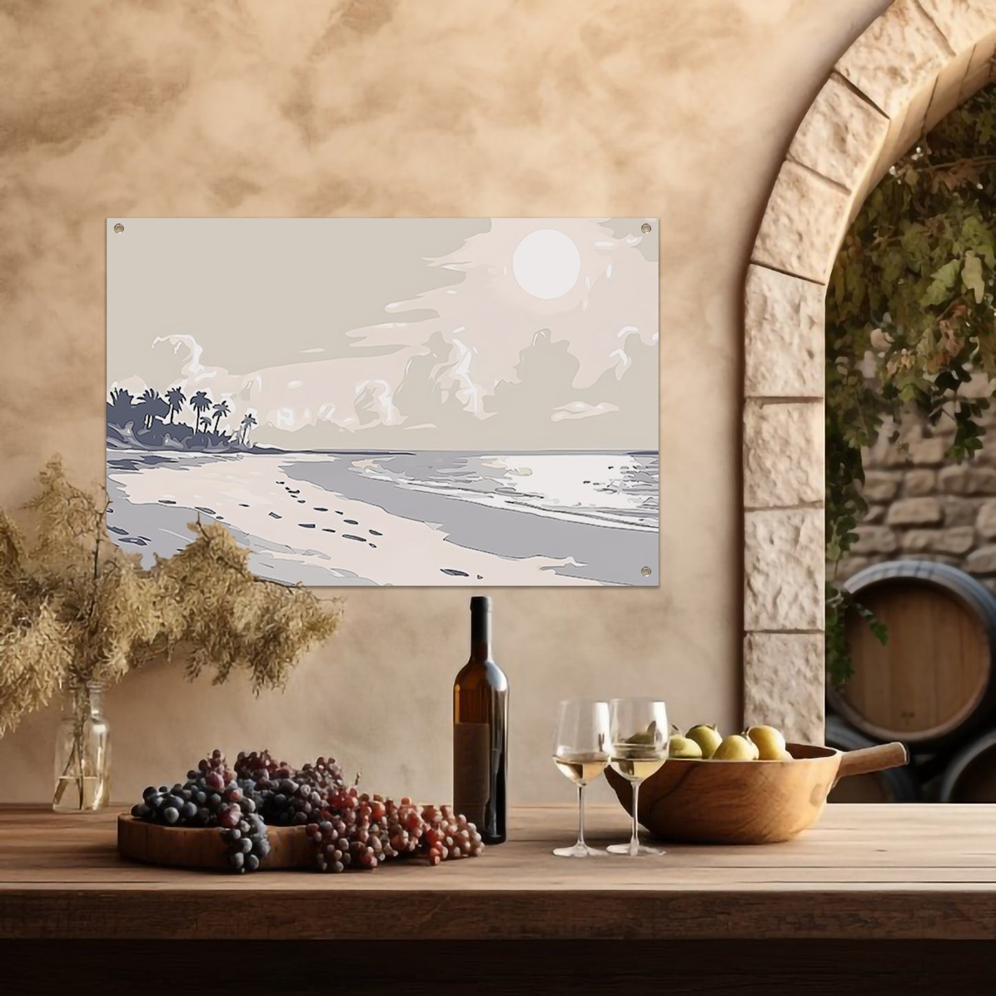 Rustgevend strandontwerp met palm silhouetten tuinposter