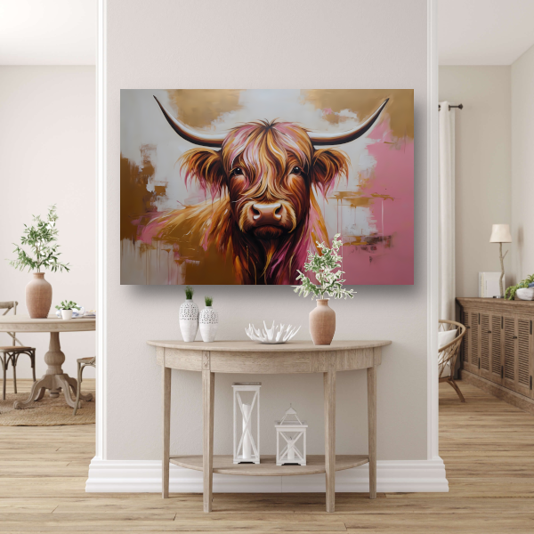 Moderne Highland Koe in Gouden Tinten canvas
