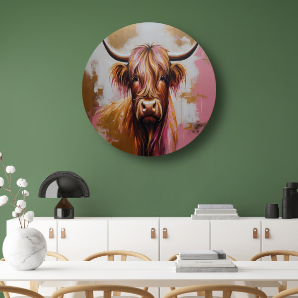 Moderne Highland Koe in Gouden Tinten aluminium muurcirkel