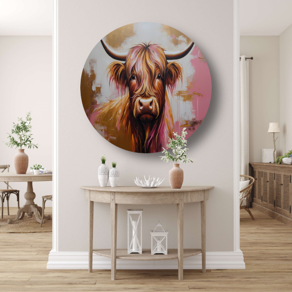 Moderne Highland Koe in Gouden Tinten aluminium muurcirkel