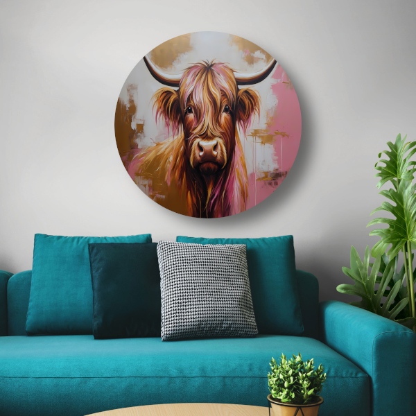 Moderne Highland Koe in Gouden Tinten aluminium muurcirkel