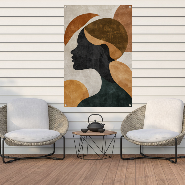 Abstracte silhouet in gouden en aardetinten tuinposter