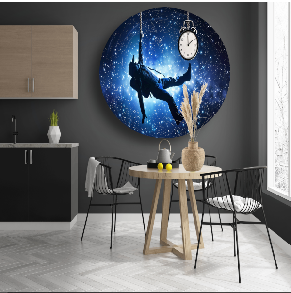 Zwevende man met klok in kosmische ruimte aluminium muurcirkel