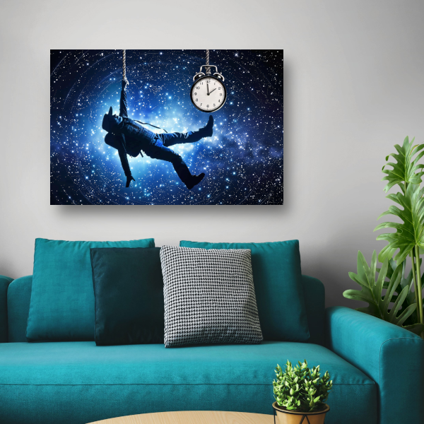 Zwevende man met klok in kosmische ruimte canvas