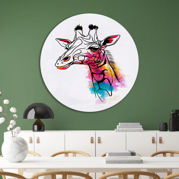 Moderne Kleurrijke Giraffe in Waterverfstijl aluminium muurcirkel