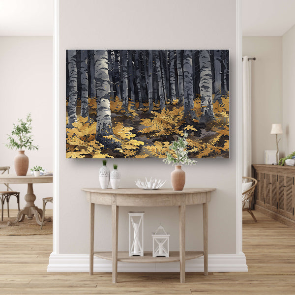 Realistisch schilderij van bomen en varens canvas
