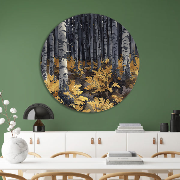 Realistisch schilderij van bomen en varens aluminium muurcirkel