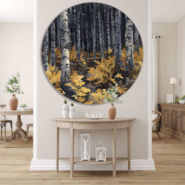 Realistisch schilderij van bomen en varens aluminium muurcirkel