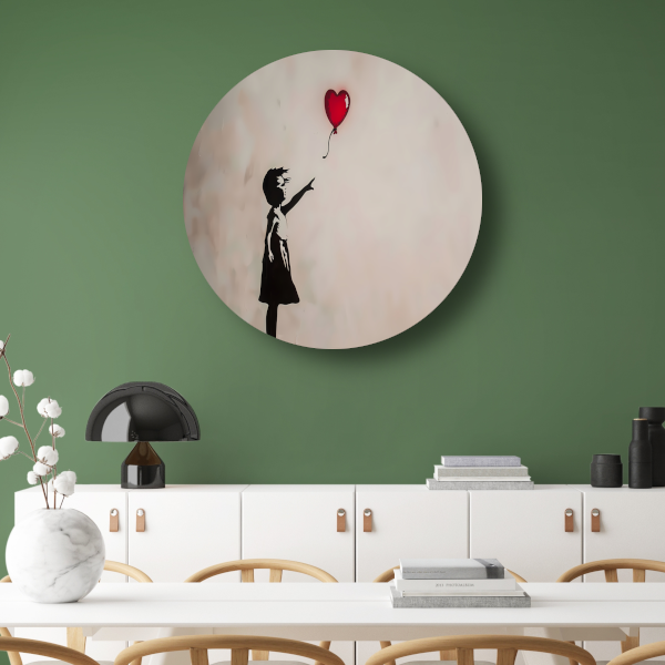 Silhouet van meisje met rode hartvormige ballon forex muurcirkel