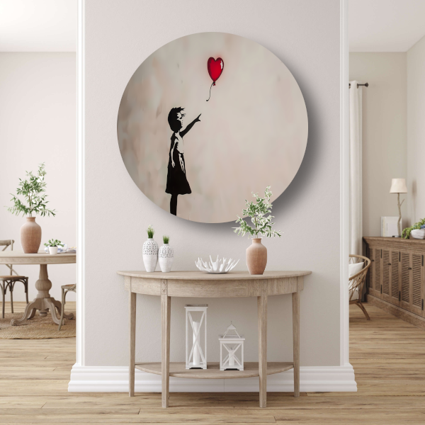 Silhouet van meisje met rode hartvormige ballon forex muurcirkel