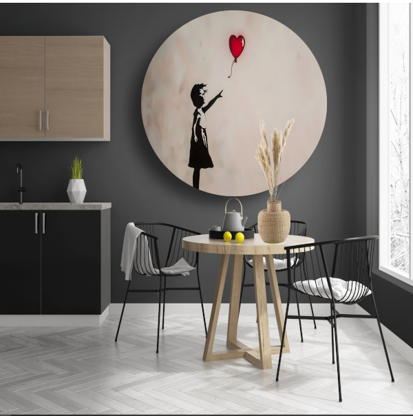 Silhouet van meisje met rode hartvormige ballon forex muurcirkel