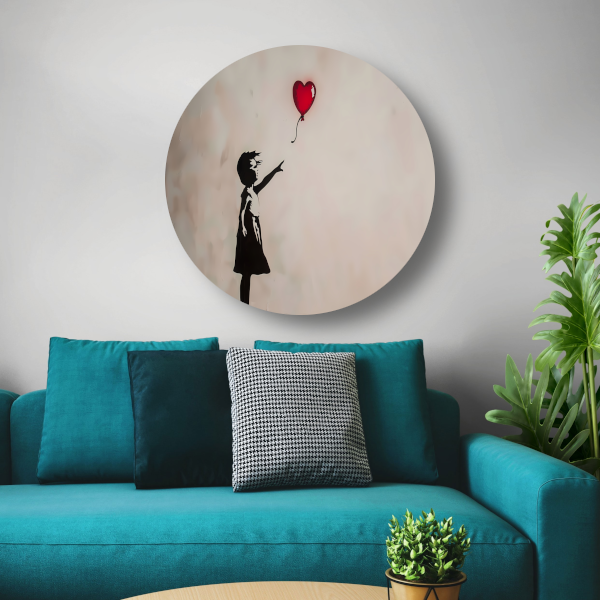 Silhouet van meisje met rode hartvormige ballon forex muurcirkel