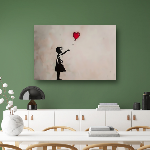 Silhouet van meisje met rode hartvormige ballon canvas