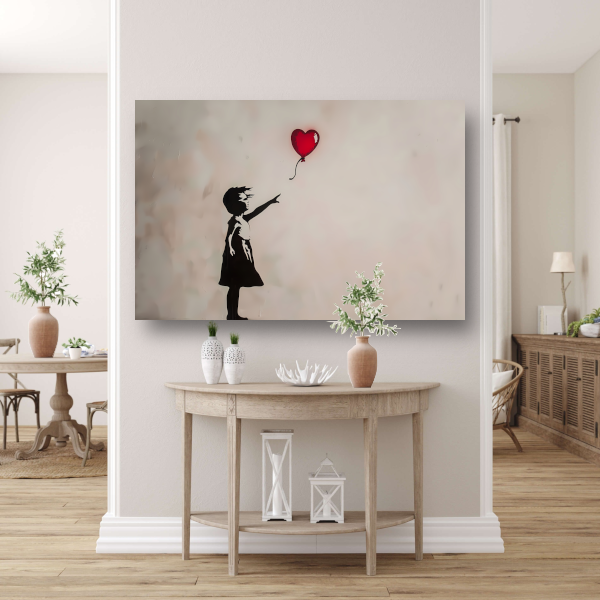 Silhouet van meisje met rode hartvormige ballon canvas