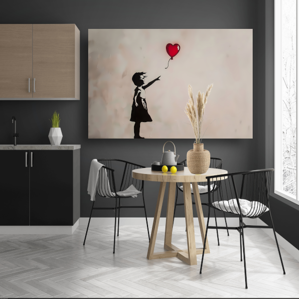 Silhouet van meisje met rode hartvormige ballon canvas