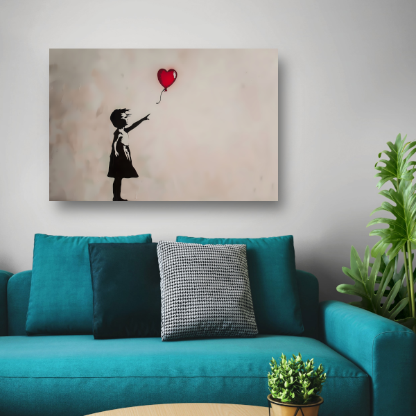 Silhouet van meisje met rode hartvormige ballon canvas