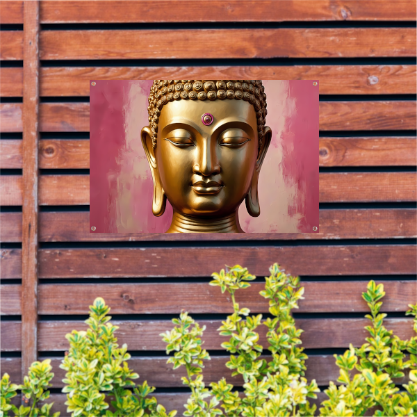 Serene Gouden Boeddha met Roze Achtergrond tuinposter