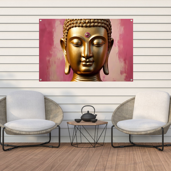 Serene Gouden Boeddha met Roze Achtergrond tuinposter