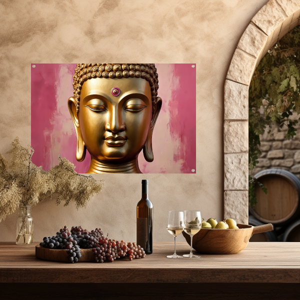 Serene Gouden Boeddha met Roze Achtergrond tuinposter