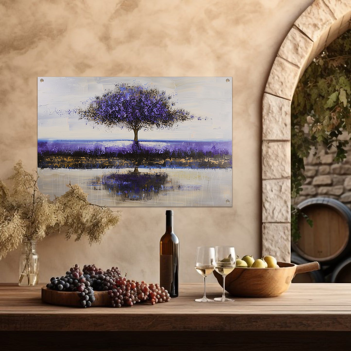 Paarse boom in abstract landschap schilderij tuinposter