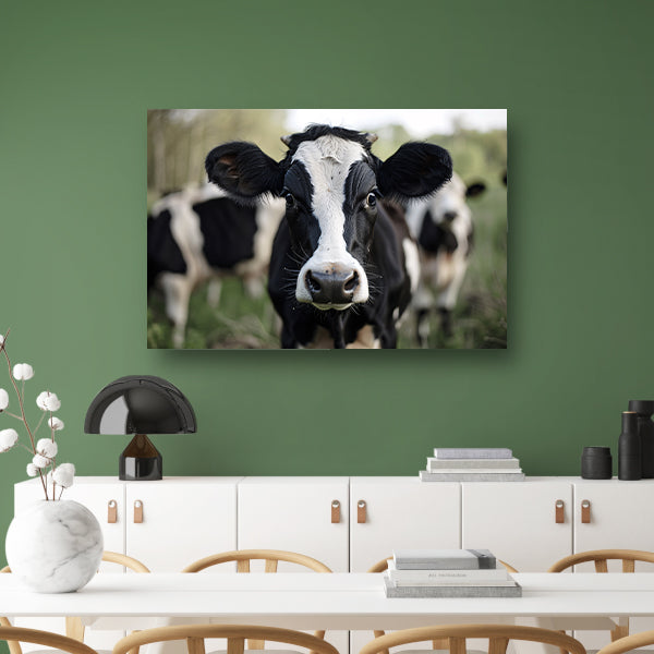 Zwart-witte koe in close-up buitenomgeving canvas