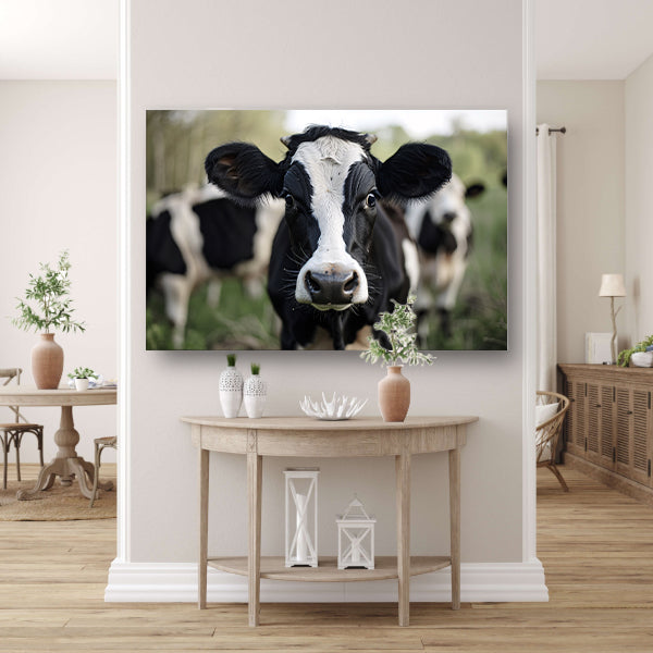 Zwart-witte koe in close-up buitenomgeving canvas