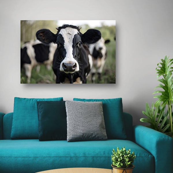 Zwart-witte koe in close-up buitenomgeving canvas