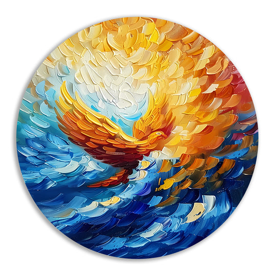 Kleurrijk abstract schilderij van vliegende adelaar aluminium muurcirkel