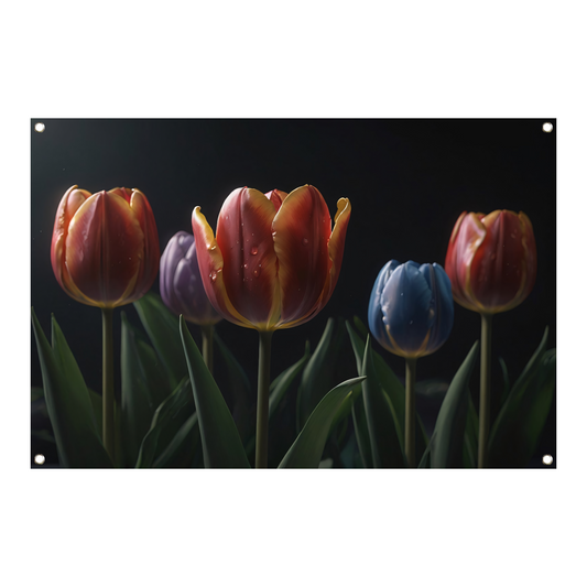 Tulpenpracht met waterdruppels in kleur tuinposter