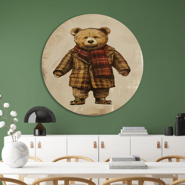 Klassieke Teddybeer in Geruite Jas en Sjaal forex muurcirkel