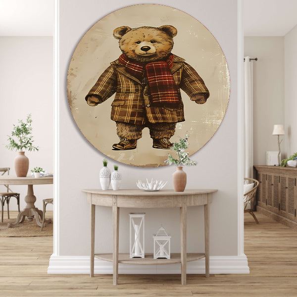 Klassieke Teddybeer in Geruite Jas en Sjaal forex muurcirkel