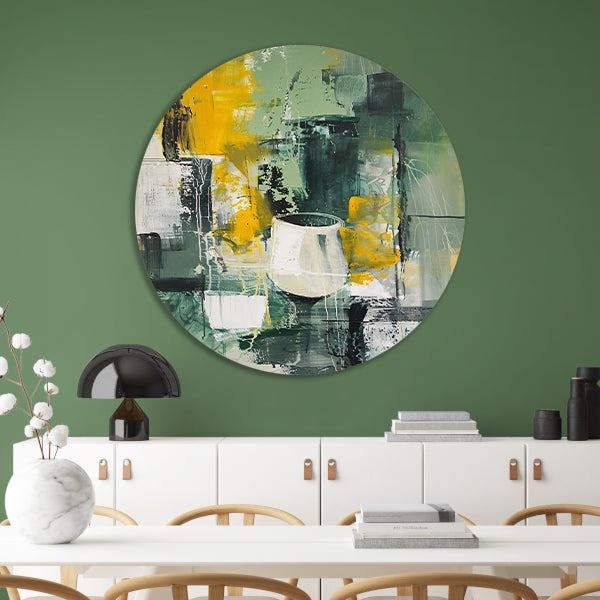 Modern abstract schilderij met glas aluminium muurcirkel