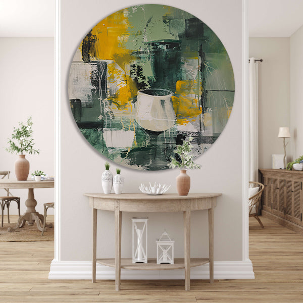Modern abstract schilderij met glas aluminium muurcirkel