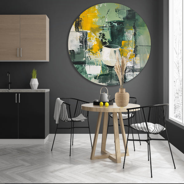 Modern abstract schilderij met glas aluminium muurcirkel