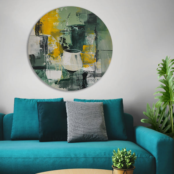 Modern abstract schilderij met glas aluminium muurcirkel