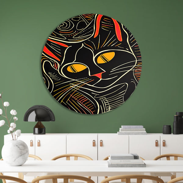Kleurrijke lijntekening van een kat aluminium muurcirkel