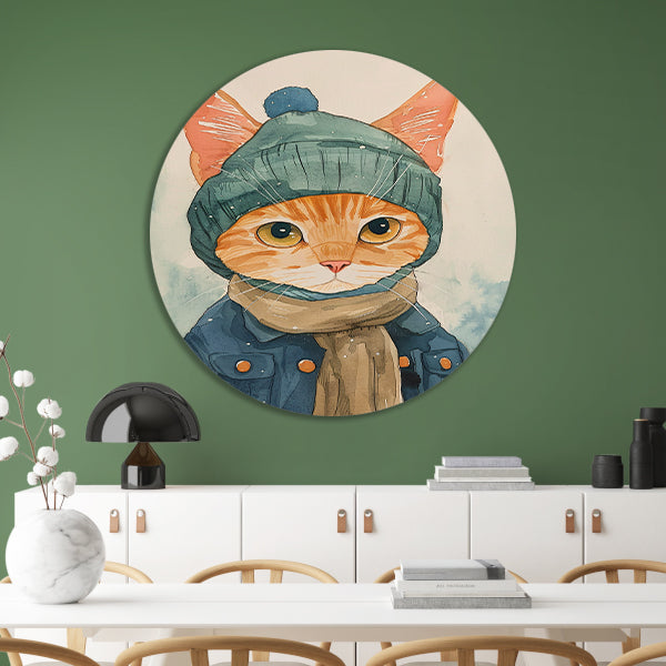 Digitale kunst van een kat met winterkleding aluminium muurcirkel