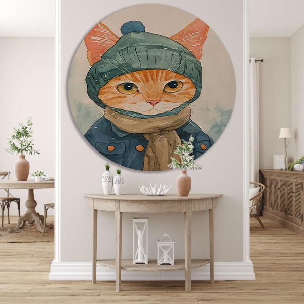 Digitale kunst van een kat met winterkleding aluminium muurcirkel