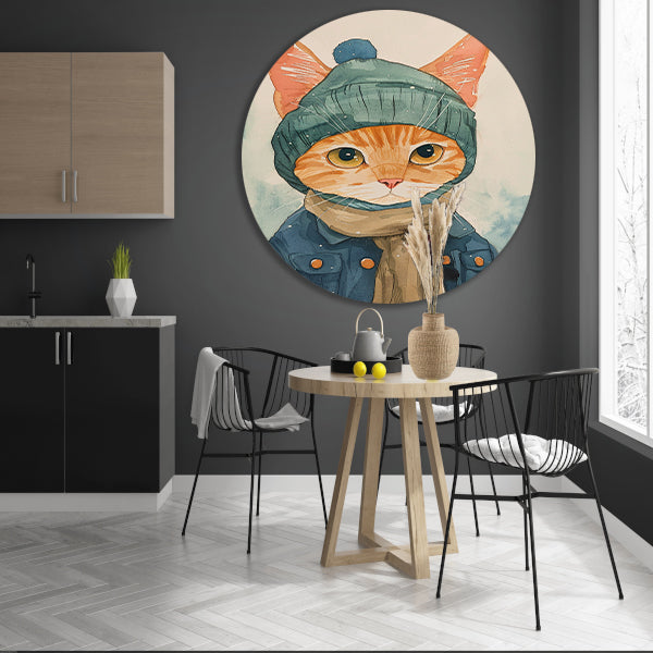 Digitale kunst van een kat met winterkleding aluminium muurcirkel