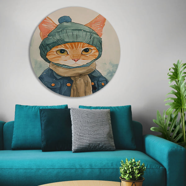 Digitale kunst van een kat met winterkleding aluminium muurcirkel